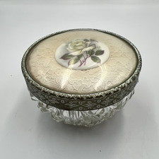 Cut Glass Powder Bowl Regent of London Cream Lace & White Rose Porcelain
