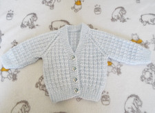 Hand Knitted Baby Cardigan Blue & White Mix Age 0-3 Months Baby Boy Or Girl