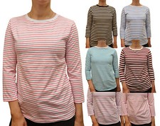 Ladies Basic Stretch Stripe or Printed Cotton Rich Casual Tops Crew 3/4 Sleeve