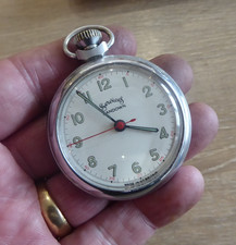 VINTAGE SERVICES SANDOWN GENTS POCKET WATCH , CHROME FINISH , WORKING
