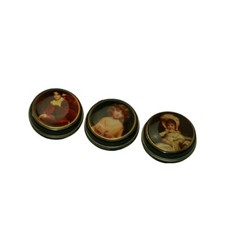 3 Vintage Black Tin Metal Kids Portrait Paint Lid Plastic Inlay Snuff Pill Box 