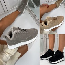 Womens Lace Up Suede Faux Fur