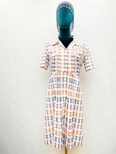 Vintage 60s 70s Patterned Midi Shirt Pleated Cotton Dress 10 12