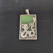 Chinese Dragon Charm: Sterling Silver and Natural Green Jade Pendant 925 38.31mm