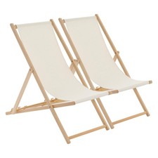 2x Folding Wooden Deck Chairs Adjustable Reclining Canvas Beach Lounger Natural