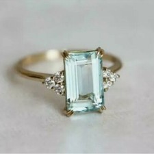 4 Ct Emerald Cut Aquamarine Solitaire Diamond Wedding Ring 14K Yellow Gold Over