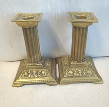 Antique Brass Roman Column 14cm 5.5" Candlesticks Square Base Dragons Vgc