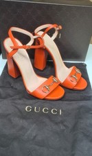 Authentic Gucci Horsebit Sandals in Sun Orange Leather Block Heels Size 38 Uk5