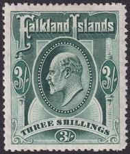 Falkland Islands 1907 KEVII 3sh Deep Green Mint SG49b cat £160