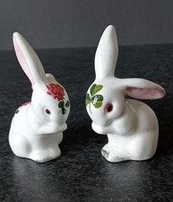 (791) 2 Small Vintage Plichta Rabbits # Rose & Shamrock # 8 cm Tall # 1 Repaired