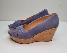 SOFFT SIZE 5.5UK EU38.5 WOMENS BLUE SUEDE CORK WEDGE HEEL PEEP TOE SANDALS SHOES