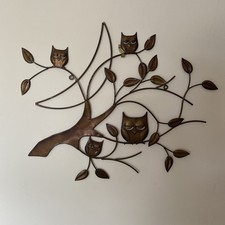 Vintage Mid Century Brutalist Metal 4 Owls on Branch Sculpture wall art