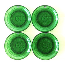 Finnish Glass Plates x4, Riihimaki 1970s, Green, 14 cms, Textured Base, Boxed