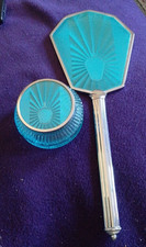 Vintage Chrome Turquoise Guilloche Style Dressing Table  Mirror  and Lidded Pot.