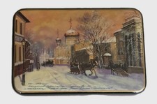 Vintage Russian Lacquer Ware Box Painted  Horse Drawn Sleigh Christmas Signed