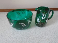 LATE VICTORIAN GREEN GLASS BOWL & JUG WITH PAINTED SNOW DROPS MARY GREGORY STYLE
