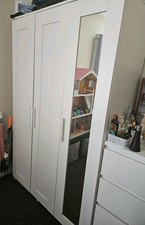 IKEA Brimmes White Triple Wardrobe with Mirror, Clothes Rail And Shelves.