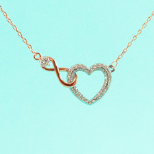 Swarovski Rose Gold Infinity Necklace Silver Heart Adorned W Crystals & Box Set