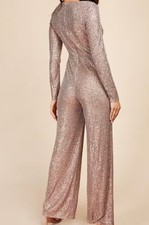 Stunning Little Mistress Sequin Tie Plunge Neck Wide Leg Jumpsuit - pale gold,