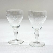 ANTIQUE CRYSTAL SHERRY PORT GOBLETS PAIR ETCHED GLASSES STEMWARE FLUTED DESIGN