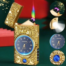 Electric Arc Lighter With Unique Dragon Relief Clock Flashlight Windproof Gold