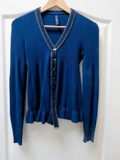 Claire Campbell High Use Peplum Wool Cardigan M UK 10 Blue Designer Quiet Luxury