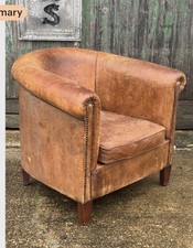 Vintage tan leather tub chair - tub,