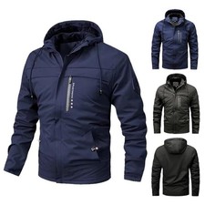 Mens Warm Fleece Lined Windbreaker Waterproof Jacket Hooded Outdoor Black Coat