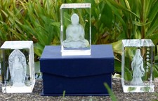 3D Buddha  Kanzeon Figurine Crystal Block Laser Etched  Meditation  Gift Boxed