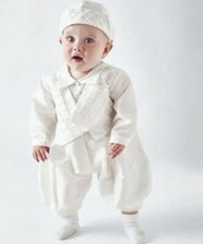 NEW BABY BOYS CHRISTENING ROMPER AND HAT SET WHITE OR IVORY SATIN BY COUCHE TOT
