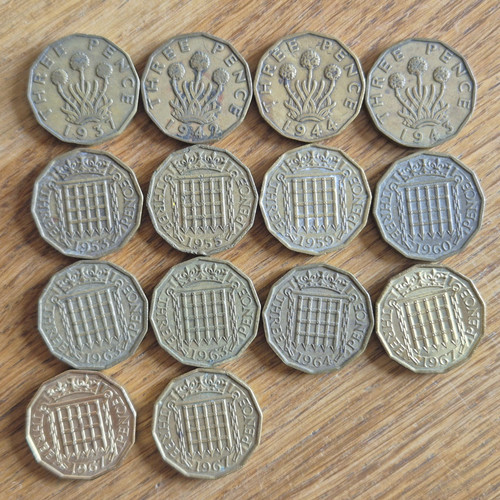 Brass threepence coins - brass,