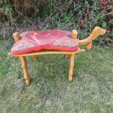 Vintage Egyptian Camel Saddle Stool Tooled Leather & Wood Footstool Ottoman