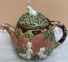 Vintage Raised Design Pink And Green Majolica Teapot/ Ivy  And White Bunnies