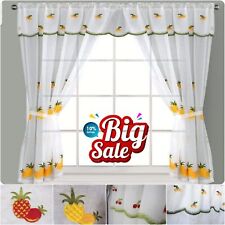 Kitchen Window Curtains Net Set Rod Pocket Embroidered Attached Valance Tiebacks