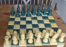 Italy Crafted Marble Stone Chess set Complete Blue and White on Sloping Board.
