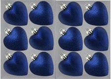 Navy Blue Heart Baubles Glitter Matte 5cm Christmas Tree Ornament Decoration x12