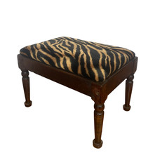 1920s English Mahogany Footstool with Turned Legs and Zebra Pattern Upholstery