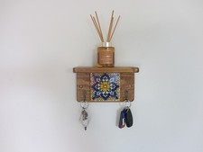 green & blue flower 2 hook key holder wall shelf reclaimed wood Mexican tiles