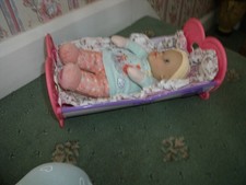 UNUSUAL BABY ANNABELL SB 12" BABY DOLL C/W SWEET ROCKING CRADLE/CRIB REBORN?