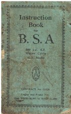 BSA 500cc SV WW2 MODEL WD ORIGINAL OWNERS INSTRUCTION & MAINTENANCE HANDBOOK