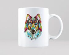 Wolf Art Mug Gift Idea Animal Lover Tribal Colour Dog Wild Patchwork Traditional