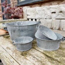 Zinc Tub Planter Bowl w Handles, Rustic Grey Galvanised Metal Garden Plant Pot