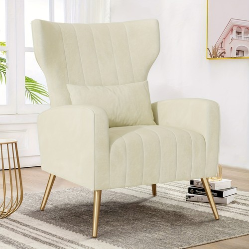 Beige velvet wingback armchair - beige,