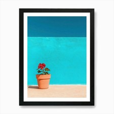 Flower Pot In Front Of Blue Wall Ar Framed Wall Art Poster Canvas Print Picture