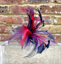 Marc Taylor Mini FASCINATOR  on COMB Red -Purple-blue  , Feathers, stems, net,