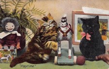 Cats Kittens Playtime Hobbie Pull Horse Rag Doll Postcard