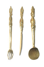 Rare Antique Brass Cutlery Set With Neolithic Statue Style Handles