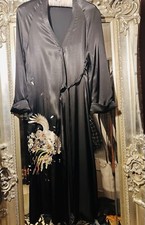 ZARA Black Satin Silky long Embroidered wrap Kimono Robe Bird Motif