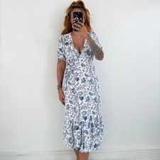 Ladies White Blue Flower Print Short Sleeved Midi Summer Wrap Dress Size 10