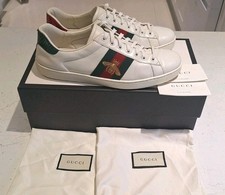 Gucci Ace Bee Mens White Leather Low Top Embroided Trainers - UK Size 9
